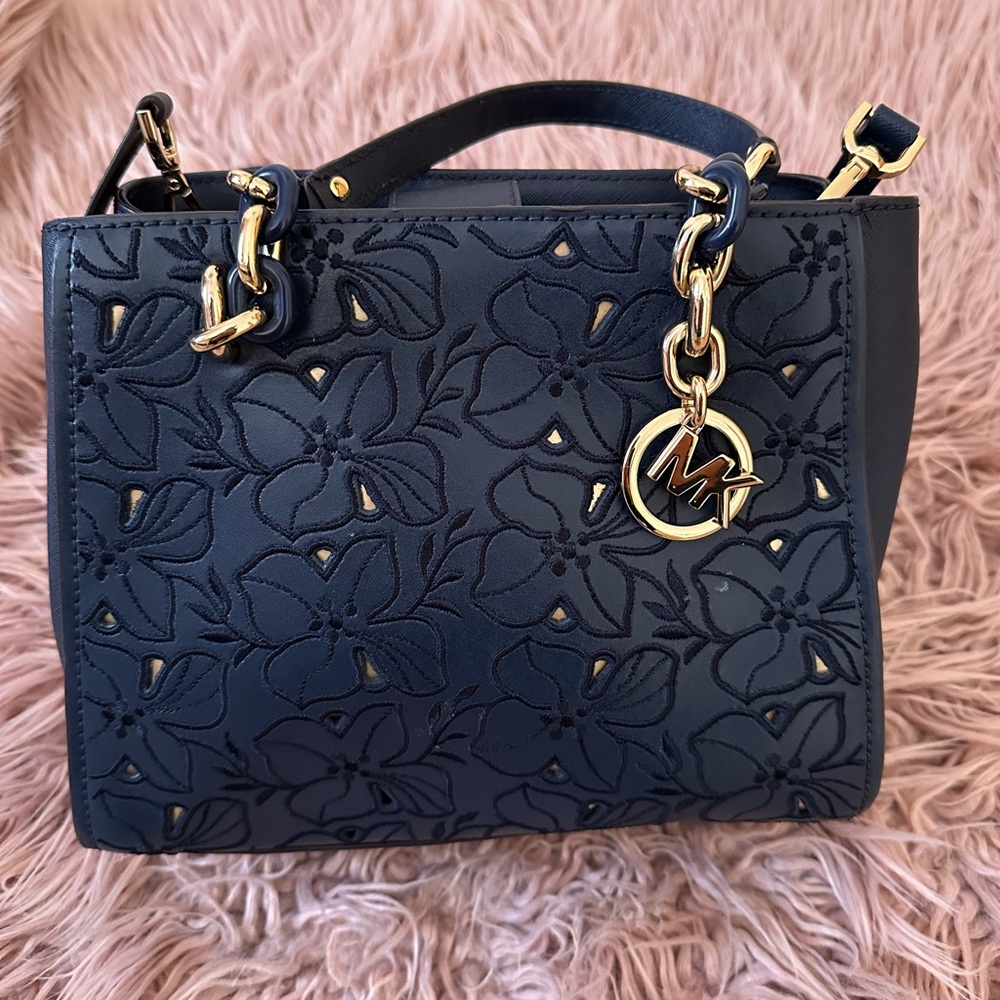 Michael Kors Sophia North South Navy Floral Crossbody Satchel with Gold Accents - Picture 2 of 11
